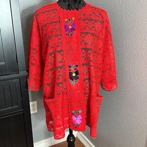 Red Lace Cardigan Jacket XL Embroidered Floral Boho Artsy 3/4 Sleeve Pockets